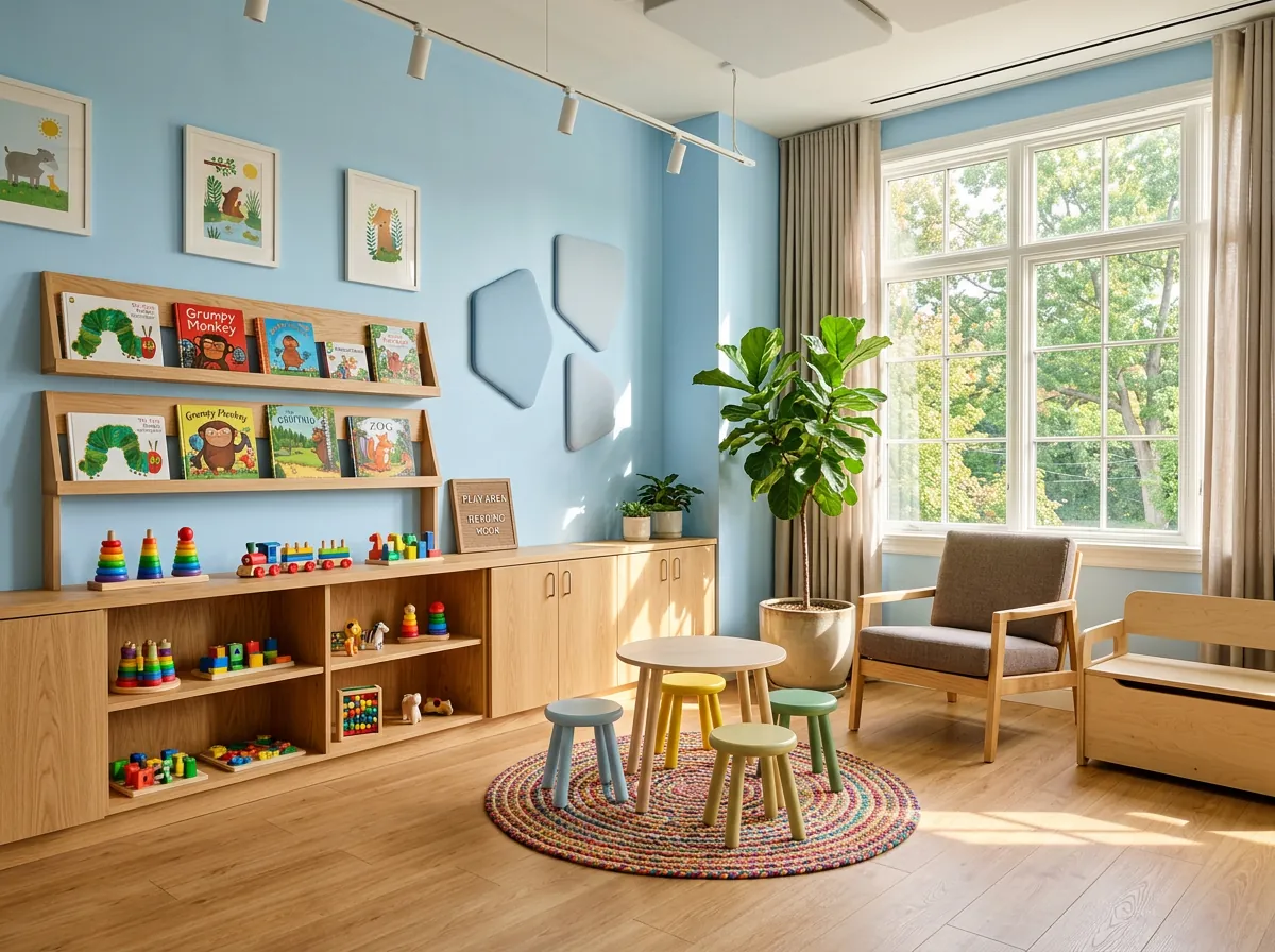 Sala de espera do consultório pediátrico, com brinquedos de madeira e livros ao alcance das crianças