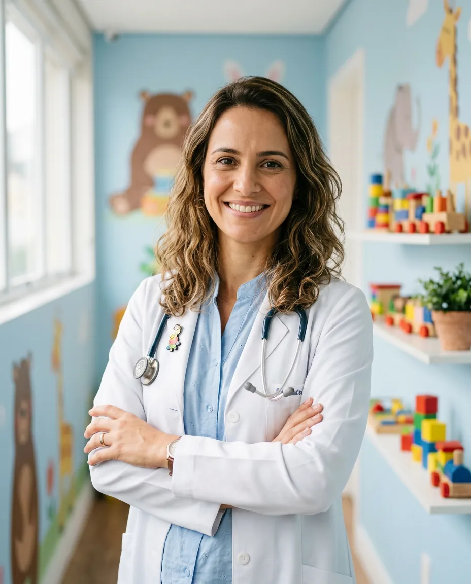 Retrato de Dra. Caren Souza de jaleco, com os braços cruzados e sorrindo